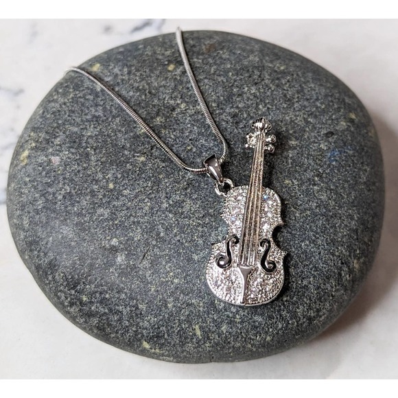 Violin Strings Necklace White Gold Plated Pendant with Crystals - Picture 4 of 10